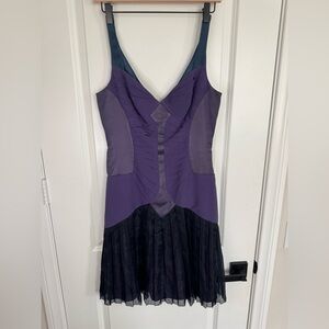 Zac Posen Silk Pleated Bustier Dress Purple Sheer Panel Fit And Flare Designer 8
